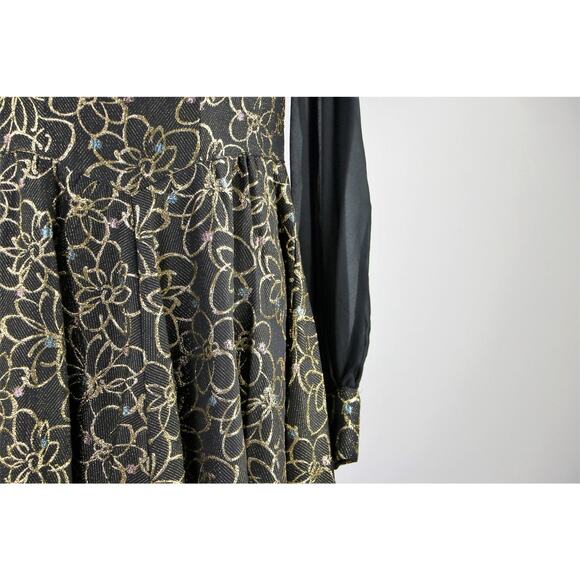Vintage 1960s Black Gold Floral Printed Dress with Chiffon Long Sleeves Large - Picture 2 of 9
